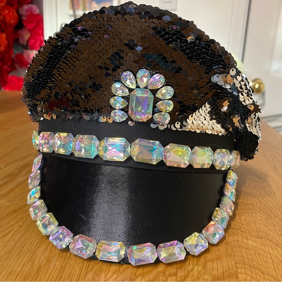 Black Iridescent Sequin Studs Steampunk Music Festival Captain Hat - Picture 3 of 5